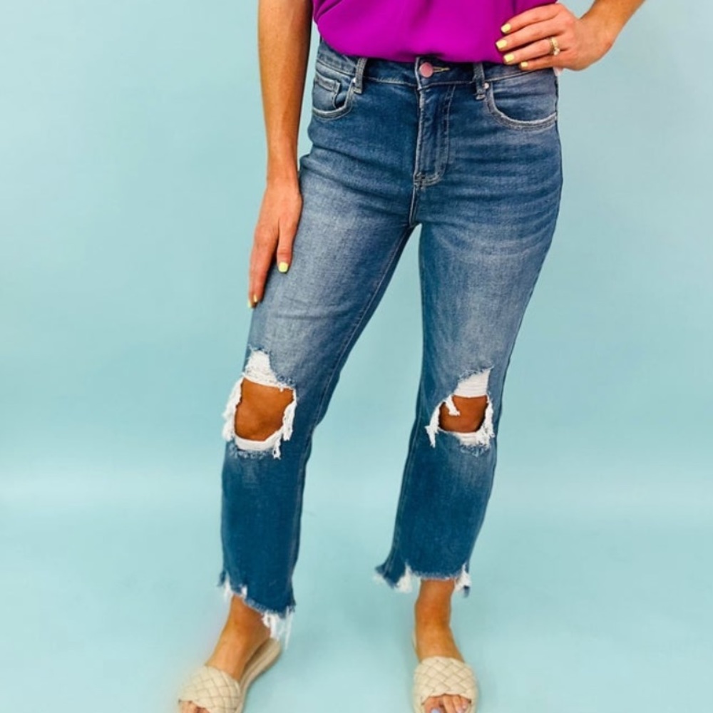 Risen Crops/High Waist Blown Out Knee- Medium Wash, like new. 13/31